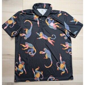 Duvin Have‎ A Day Golf Polo Shirt Monkey Print Mens Large Black Short Sleeve